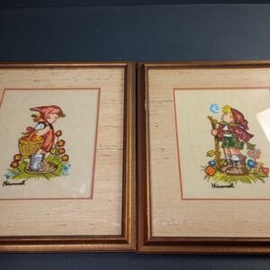Vintage Finished Hummel Girl and Boy Crewel Embroidery Framed Set of 2 1970s 70s